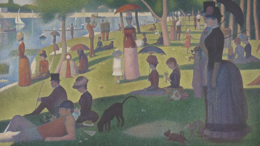 A Sunday on La Grande Jatte — 1884, Seurat, 1884–86, border added 1888–89