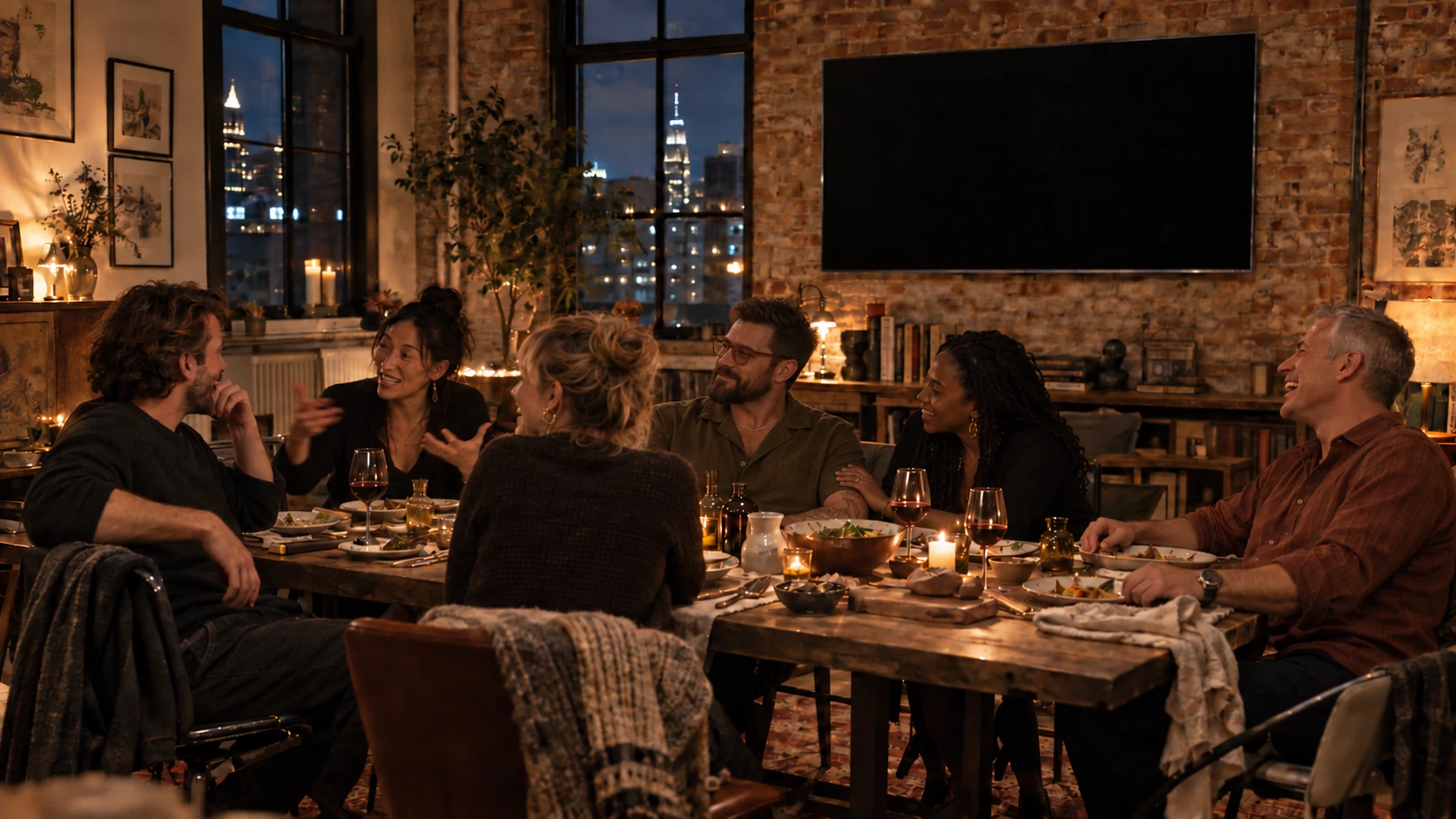 Friends sharing a candlelit dinner in a New York loft, with a large television on the brick wall behind them.