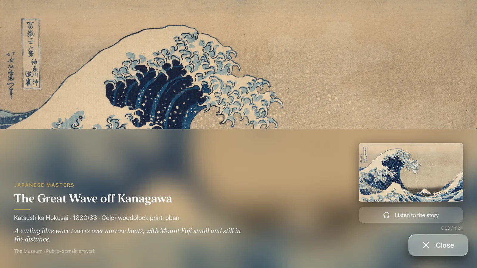 Mura's detail sheet for The Great Wave on an Apple TV, with a Listen to the story button, captured from the device