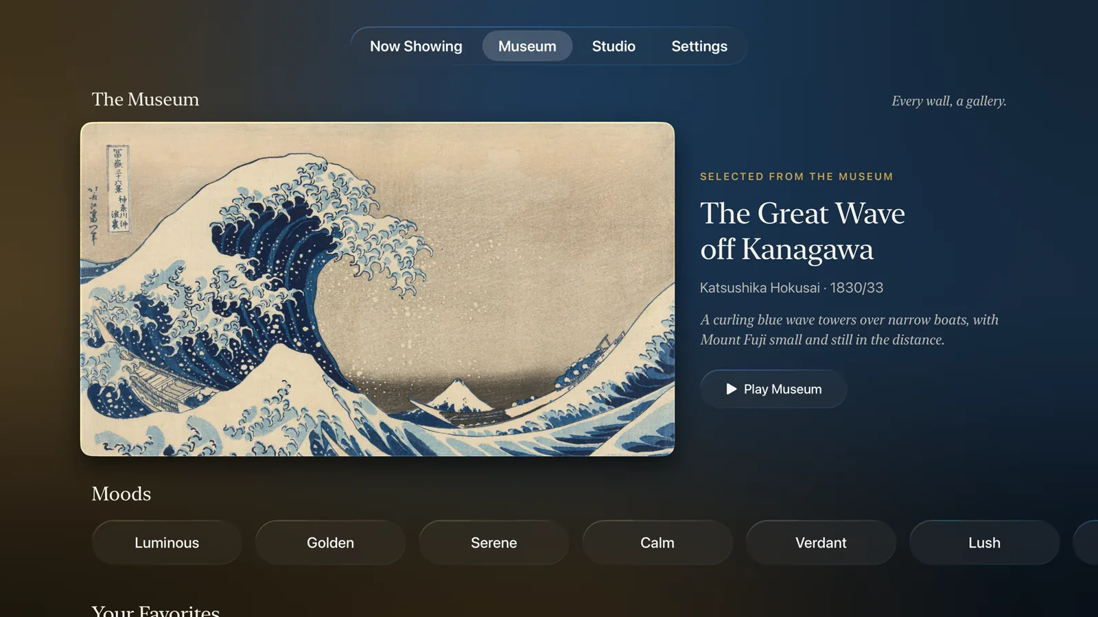 The Museum in the Mura app on an Apple TV, one painting held large with its title, captured from the device